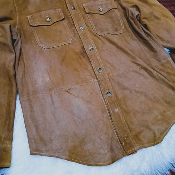 Bullock & Jones Mens Medium Suede Button-Up Shirt In Tan With Double Flap Pocket - Picture 6 of 16